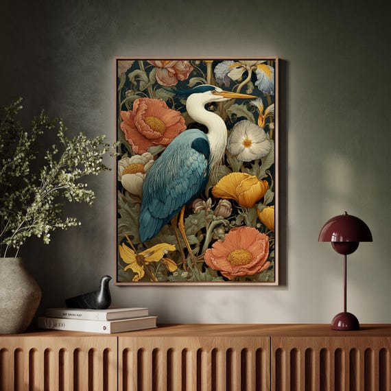 Vintage Heron Canvas Wall Art With Colorful Flowers Botanical Bird Illustration Print Rustic Boho Nature Artwork For Living Room Dcor
