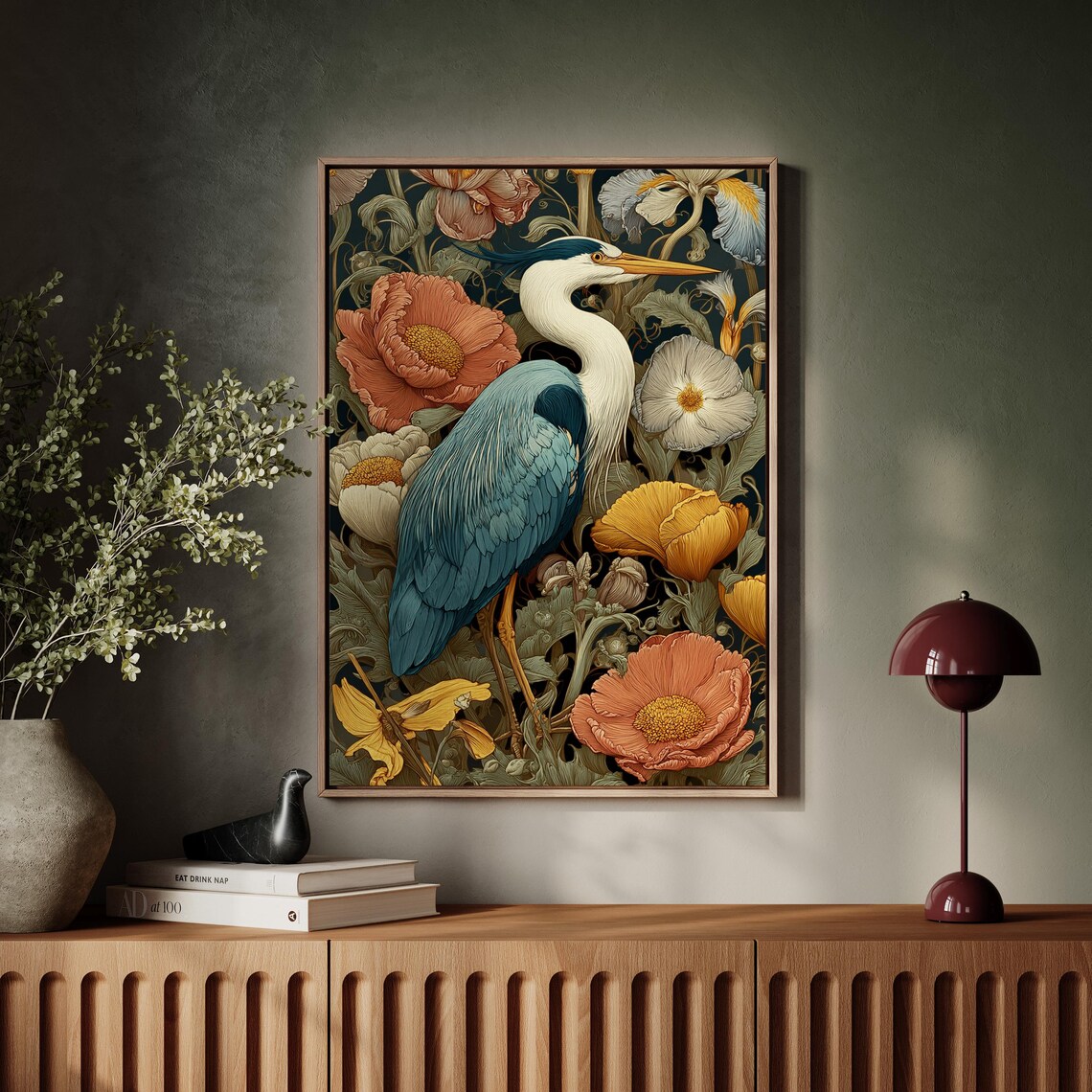 Blue Heron Among Poppies Dark Botanical Canvas Floral Art Poster