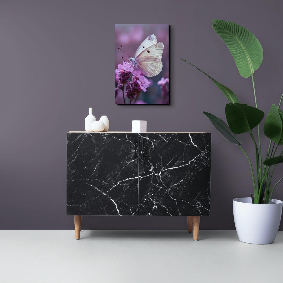 White Butterfly Resting on Purple Flowers Macro Photography Poster - Image 5