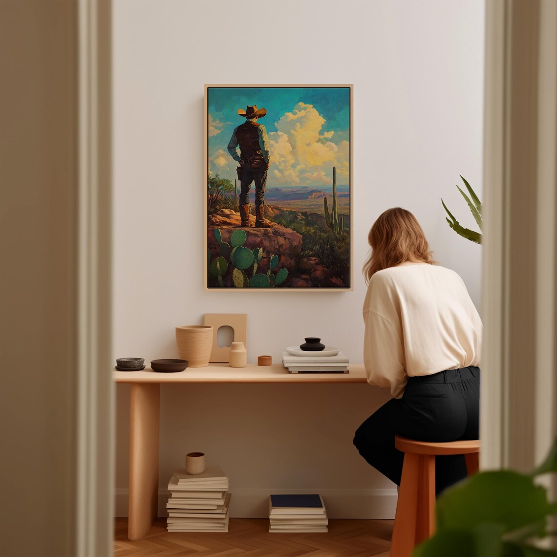 Lone Cowboy Overlooking A Desert Canyon From Rocky Cliff Poster - Image 4