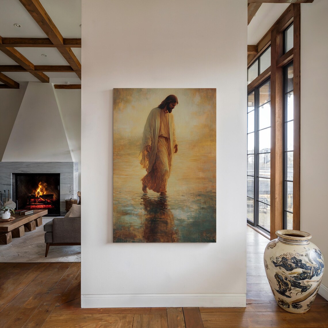 Jesus Walking on Water at Golden Sunrise Over Calm Seas Poster - Image 4