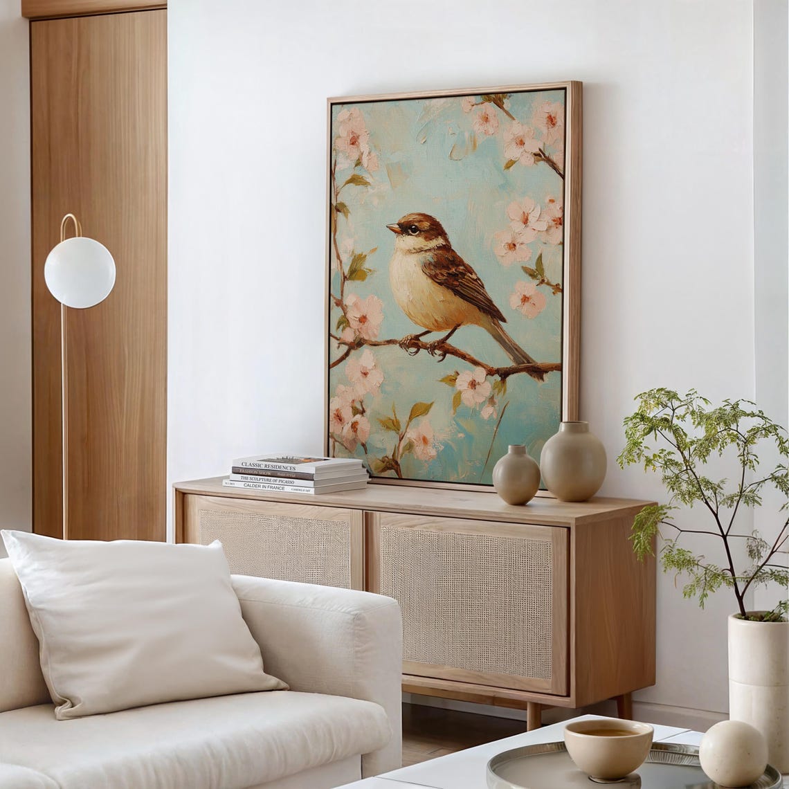 Little Bird on Cherry Blossom Branch Soft Pastel Spring Art Print - Image 6