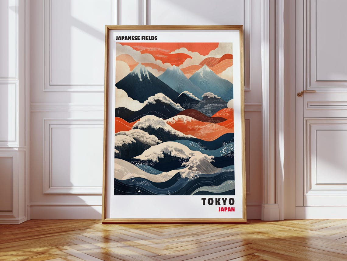 Ukiyo-e Japanese Mountains with Red and Blue Waves Tokyo Poster