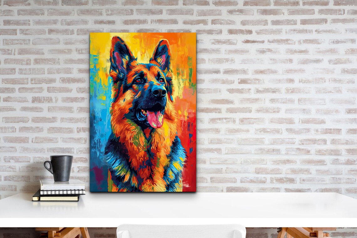 Happy German Shepherd Portrait in Colorful Abstract Pop Art Poster