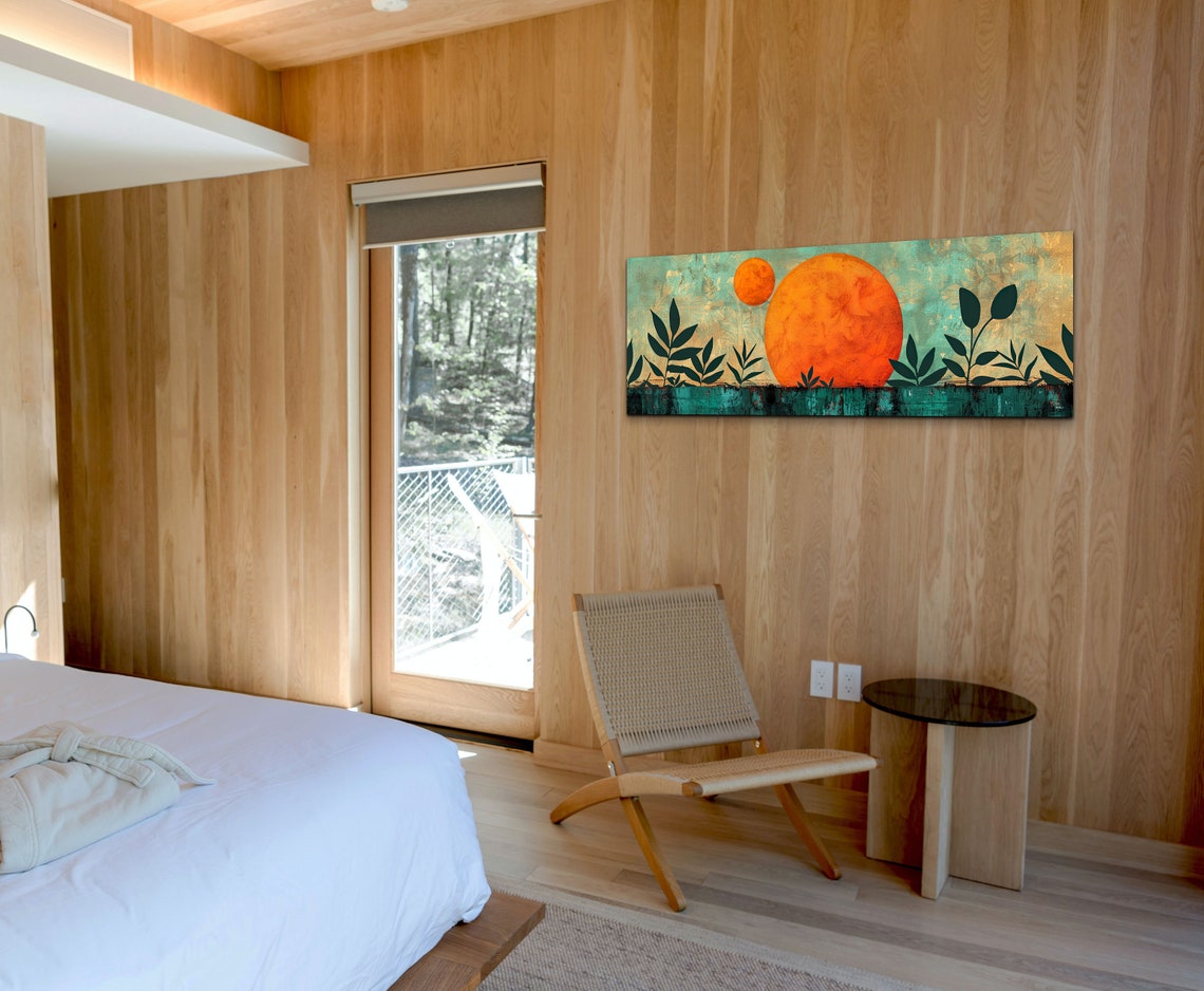 Twin Orange Suns Botanical Silhouette Teal Mid Century Modern Wall Art - Image 4