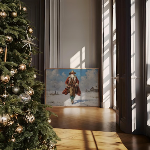 Cowboy Santa Strides Through Winter Prairie Art Print