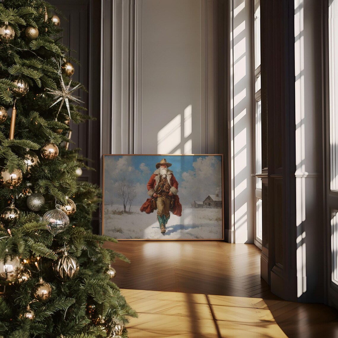 Cowboy Santa Strides Through Winter Prairie Art Print