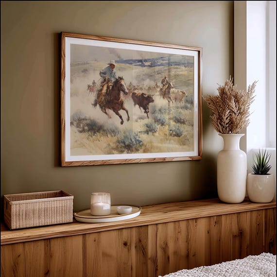 Cowboys Driving Cattle Western Ranch Painting