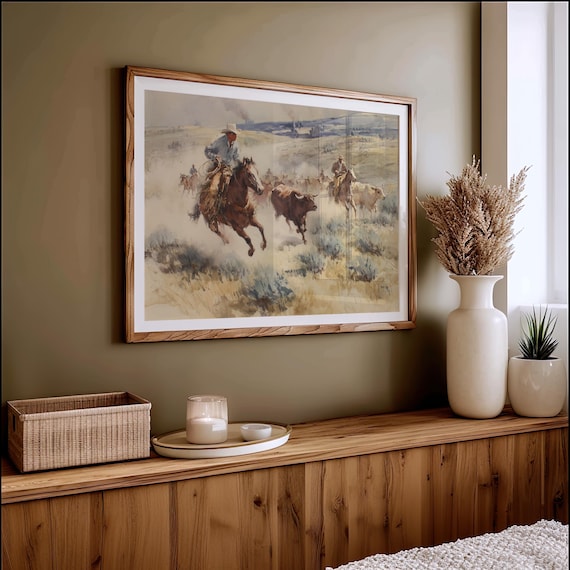 Cowboys Driving Cattle Western Ranch Scene Watercolor Poster