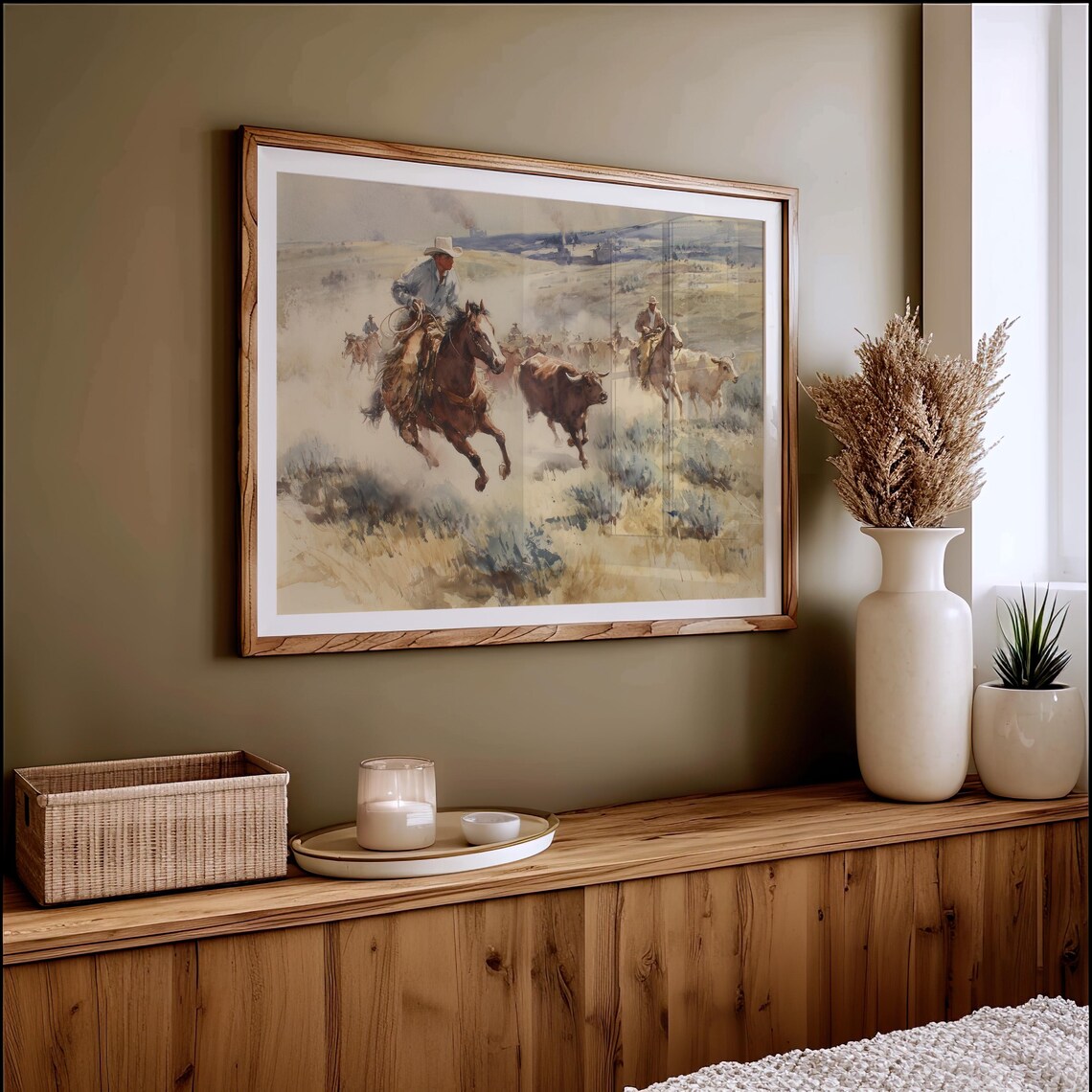Cowboys Driving Cattle Western Ranch Scene Watercolor Poster