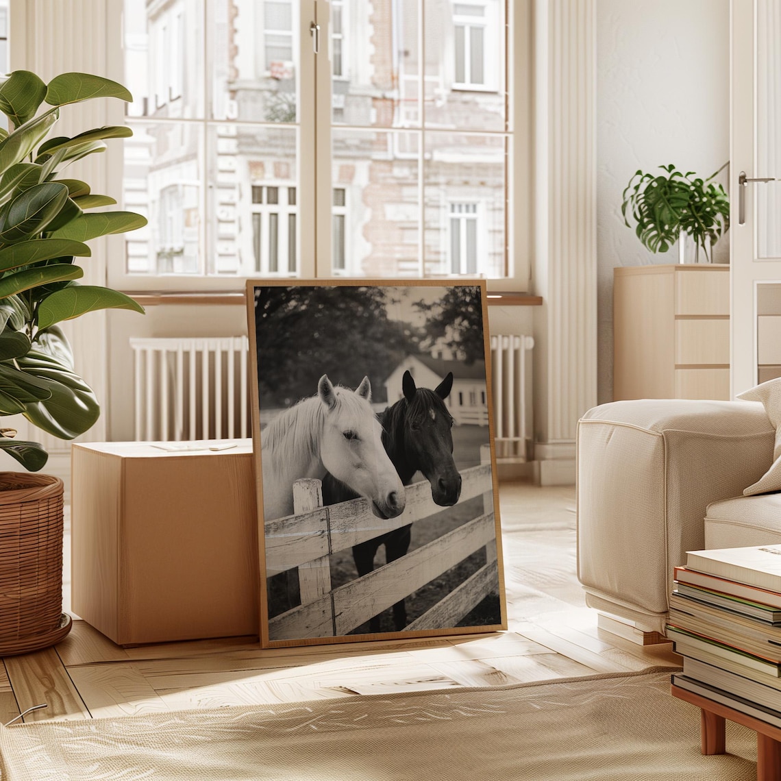 Black And White Horses By Fence, Farmhouse Art