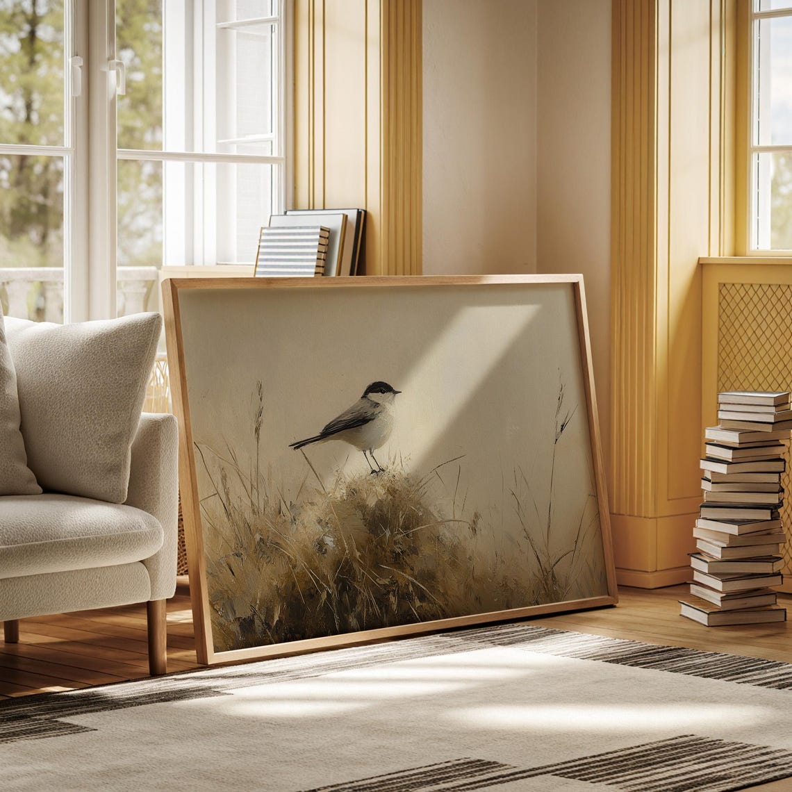 Small Bird Perched In Golden Grasses Minimalist Neutral Nature Poster - Image 4