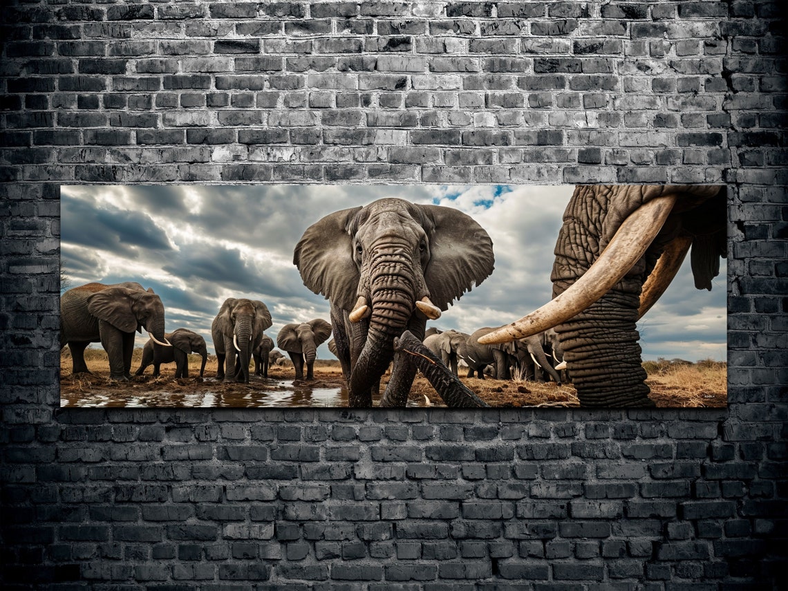 Panoramic African Elephant Herd Watering Hole Wildlife Wall Art - Image 2