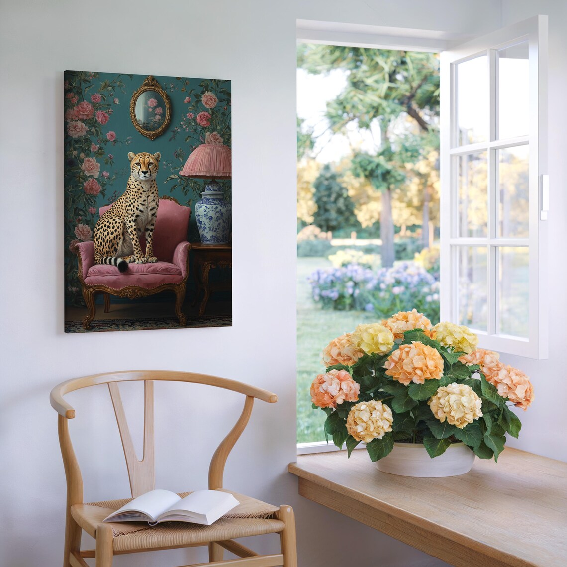 Elegant Cheetah On Pink Chair, Vintage Inspired Floral Room - Image 4
