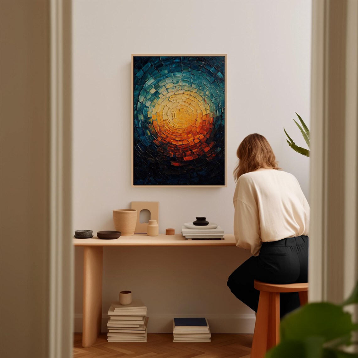 Bold Abstract Sun Oval Mosaic Oil Painting Deep Blue Orange Art - Image 2