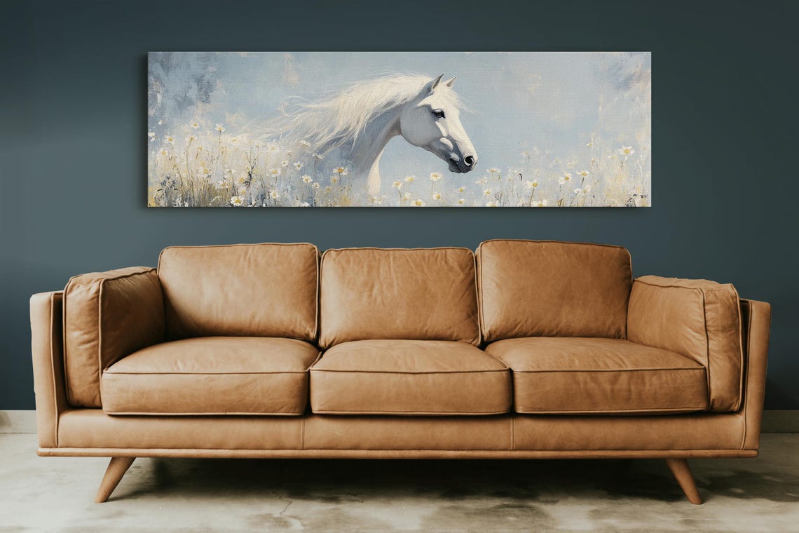 White Horse Daisy Field Profile Serene Equine Panorama Poster - Image 5
