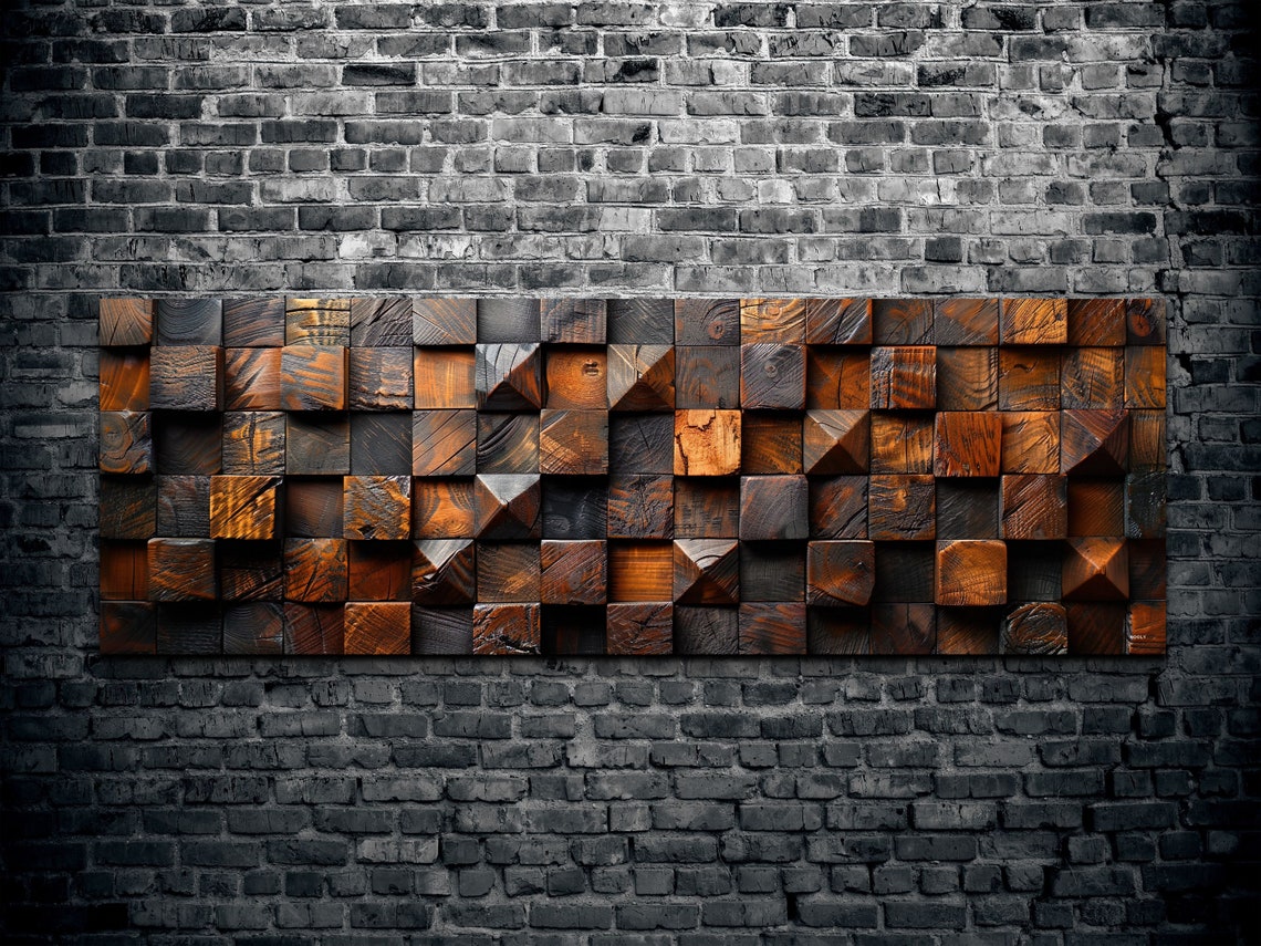 Dark Carved Wood Block Grid 3D Textured Rustic Panoramic Poster - Image 2