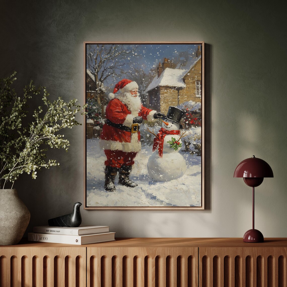Santa Claus Placing Hat On Snowman Holly Snow Scene Vintage Poster - Image 4