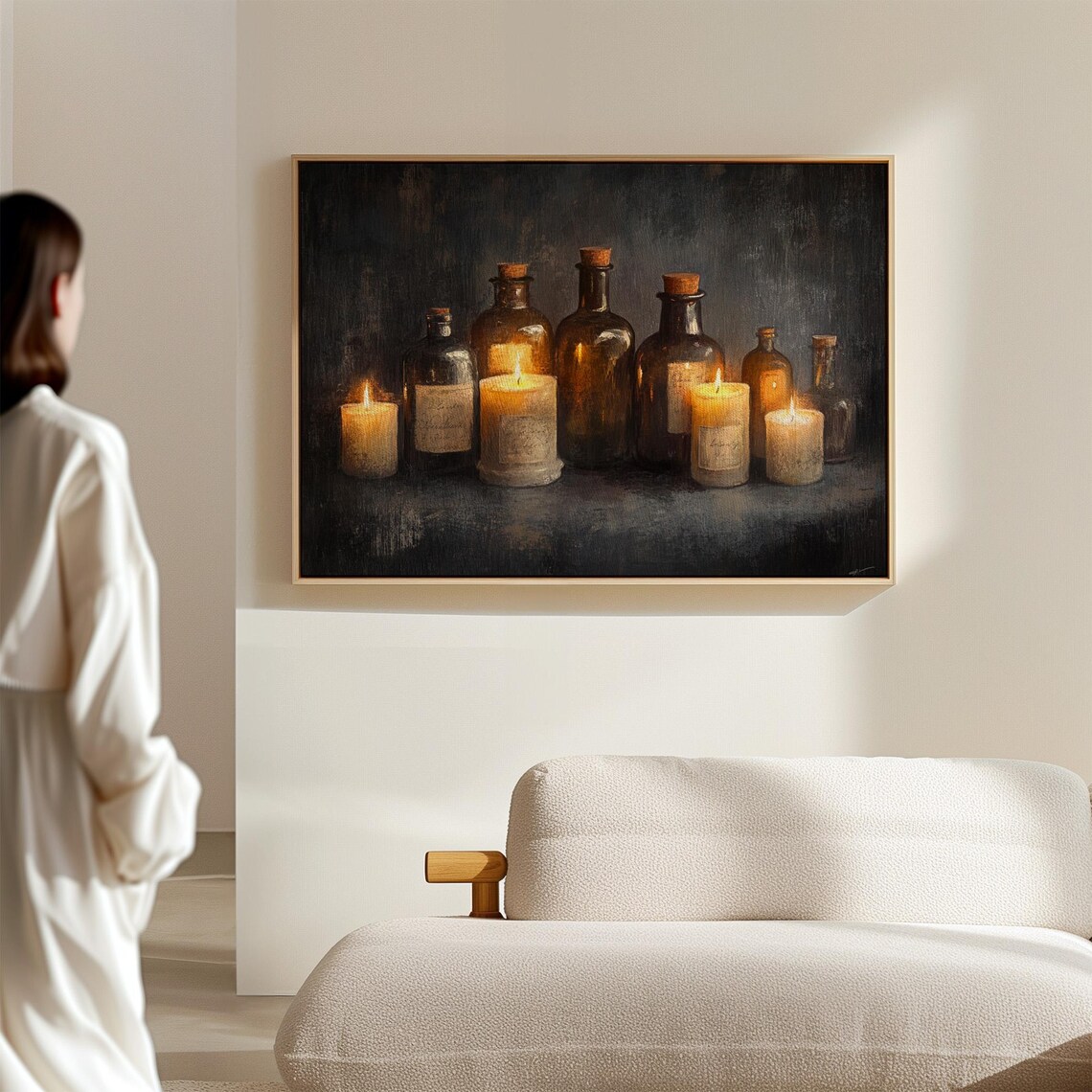 Amber Glass Bottles And Lit Candles Dark Moody Still Life Poster - Image 6