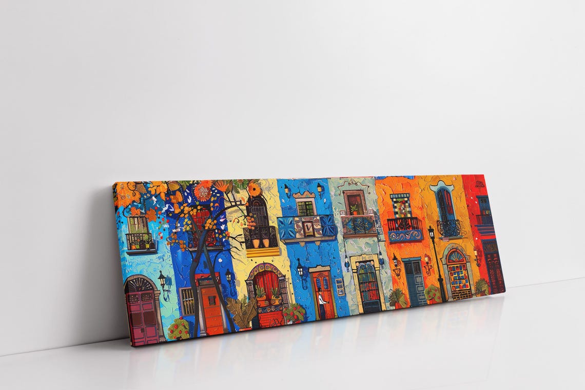 Colorful Old Town Mexican Facades Mosaic Panoramic Art Poster - Image 7