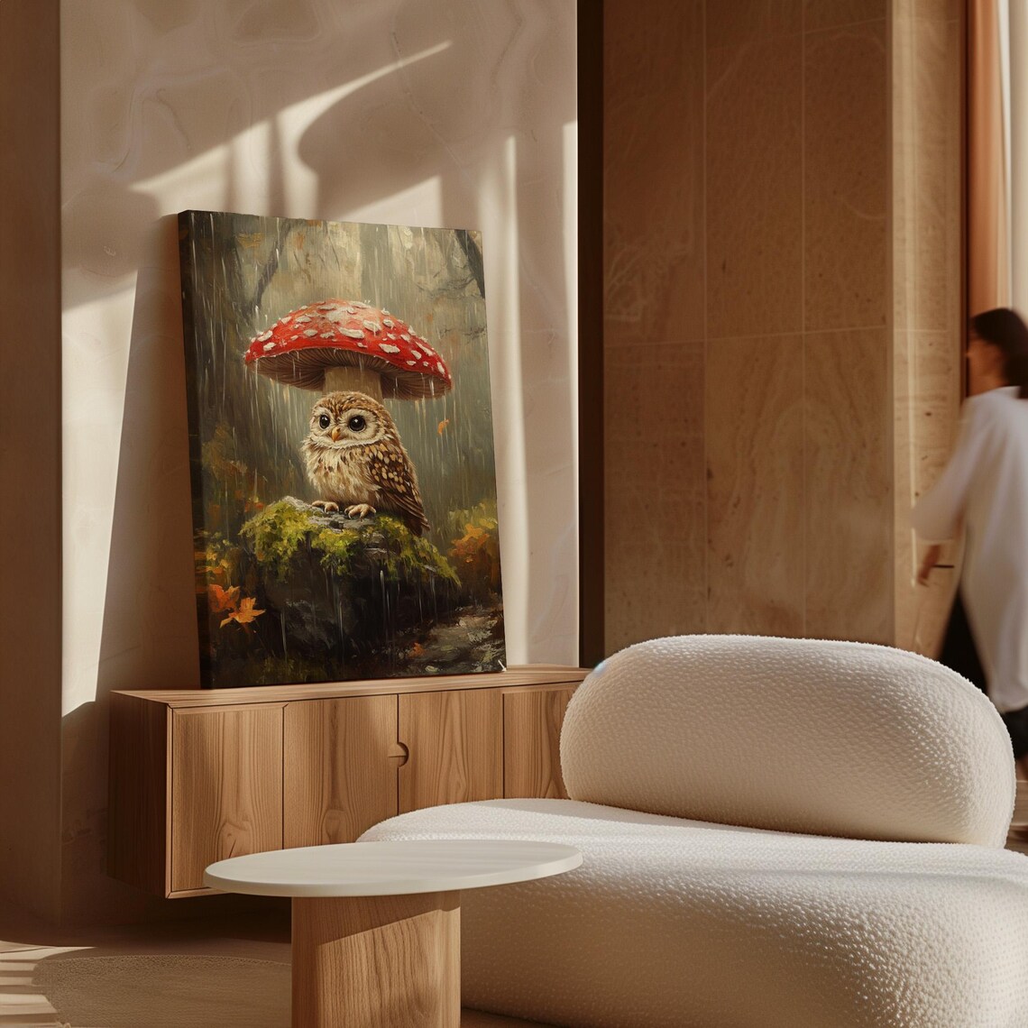 Baby Owl Sheltered By Red Mushroom Woodland Rain Painting Poster - Image 6
