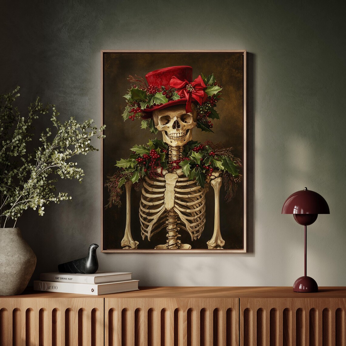 Festive Skeleton in Red Top Hat with Holly Berries Holiday Gothic Poster - Image 4