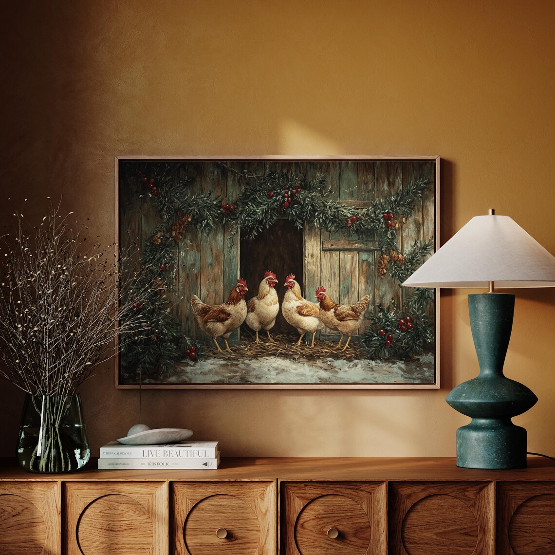 Christmas Hens at a Rustic Barn Door with Holiday Garland Poster - Image 4