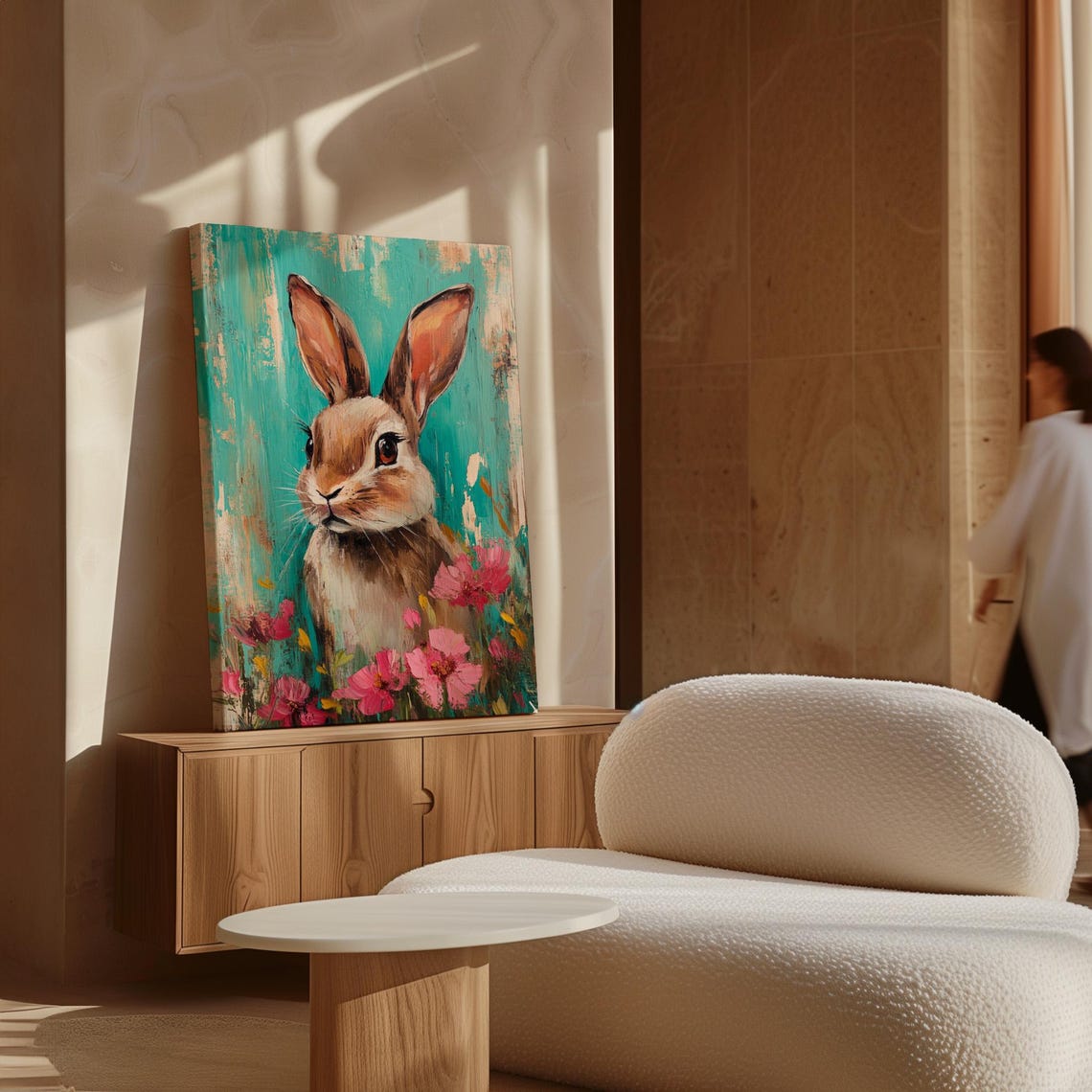 Brown Rabbit Among Pink Blossoms on Turquoise Painted Backdrop Poster - Image 7