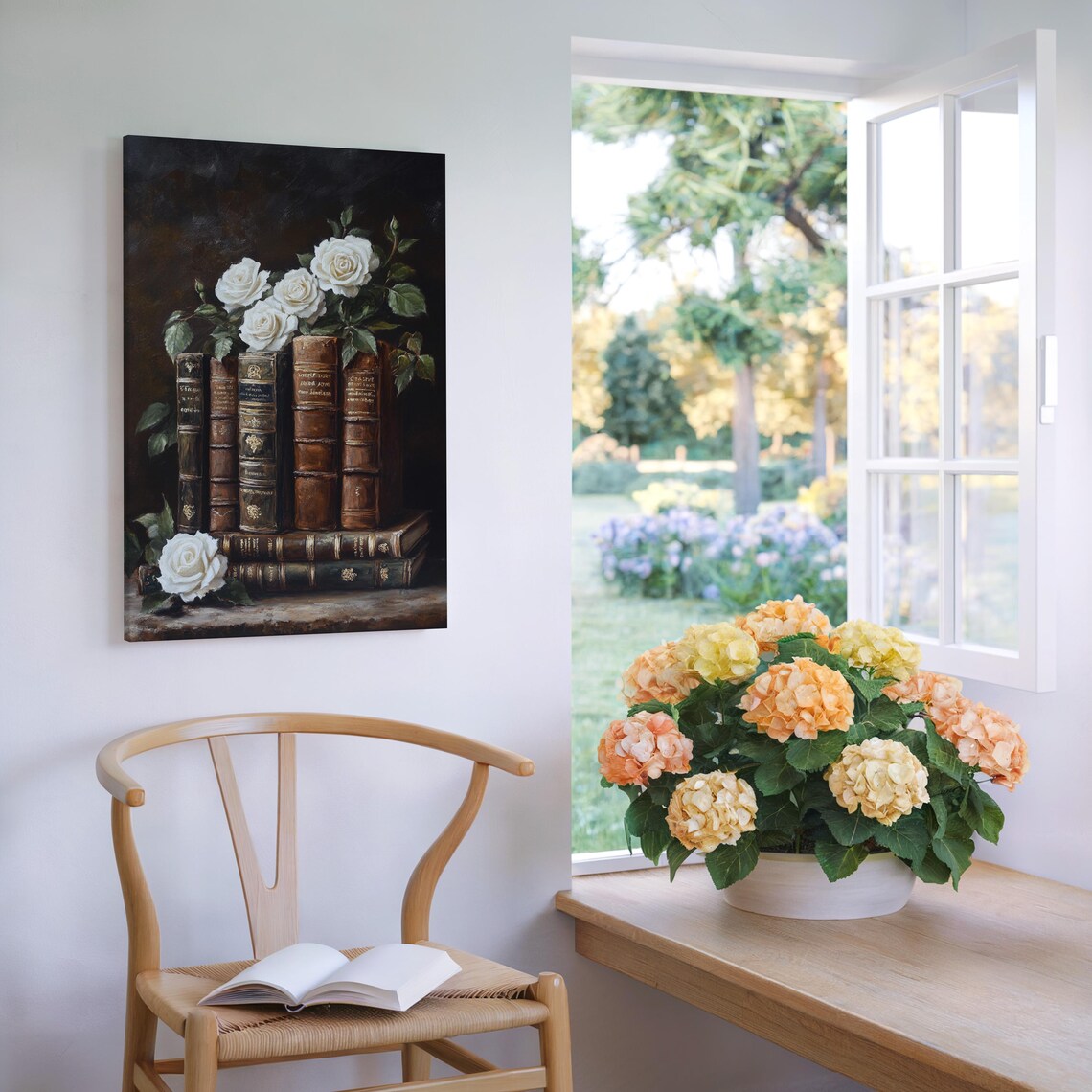 White Roses With Antique Leather Books Dark Floral Still Life Poster - Image 6