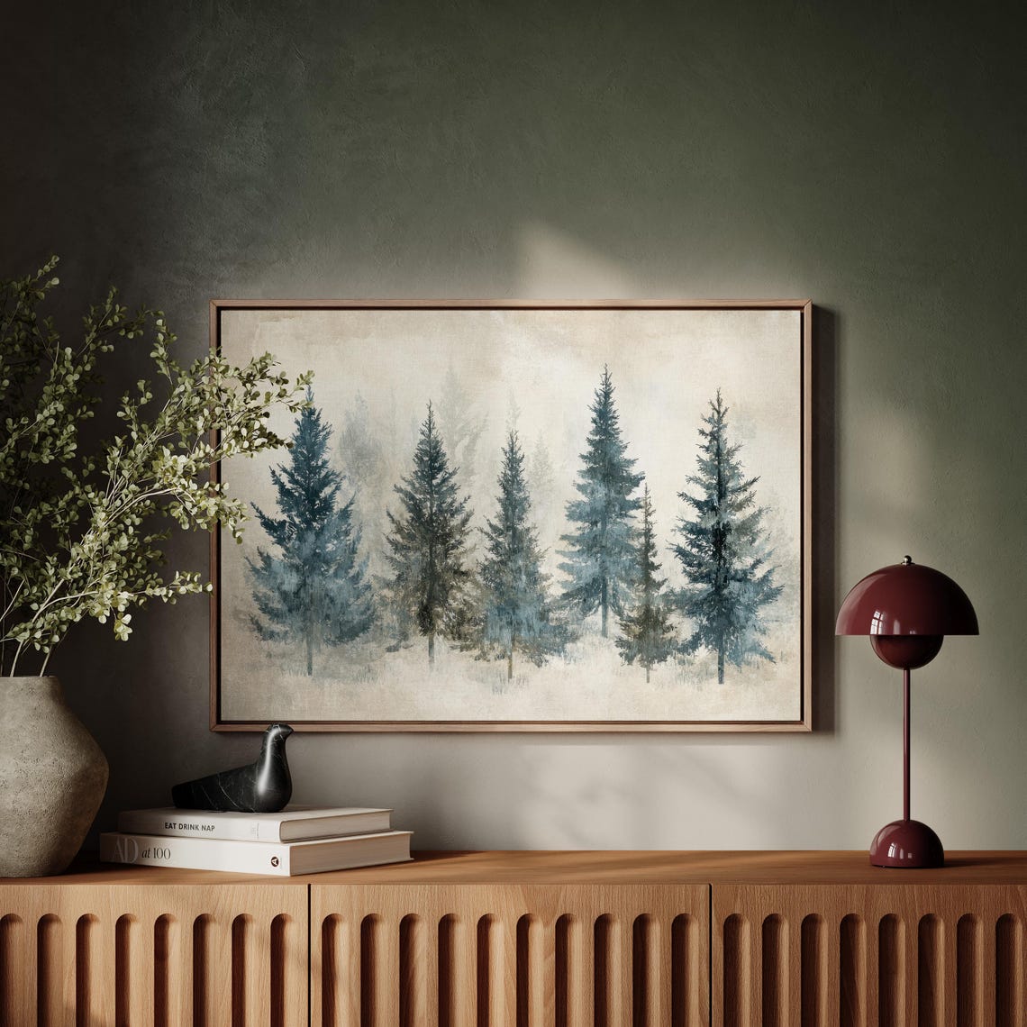 Minimalist Watercolor Blue Pine Trees In Soft Winter Fog Poster - Image 4