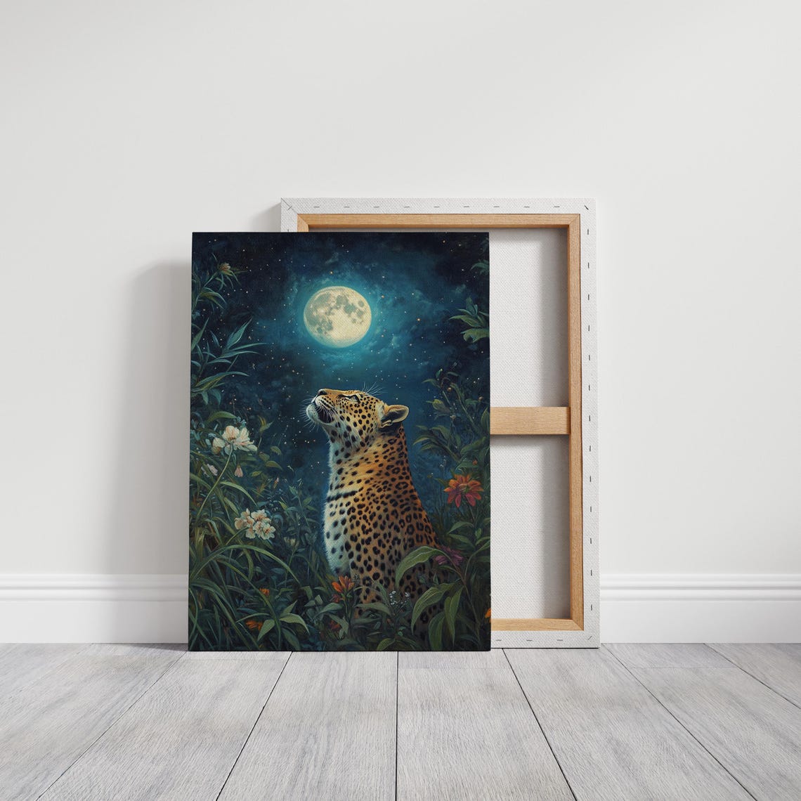 Leopard Under Full Moon in a Starlit Jungle Garden Night Poster - Image 3