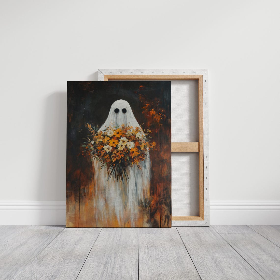 Ghost Holding Autumn Bouquet Rustic Halloween Floral Art Poster - Image 3