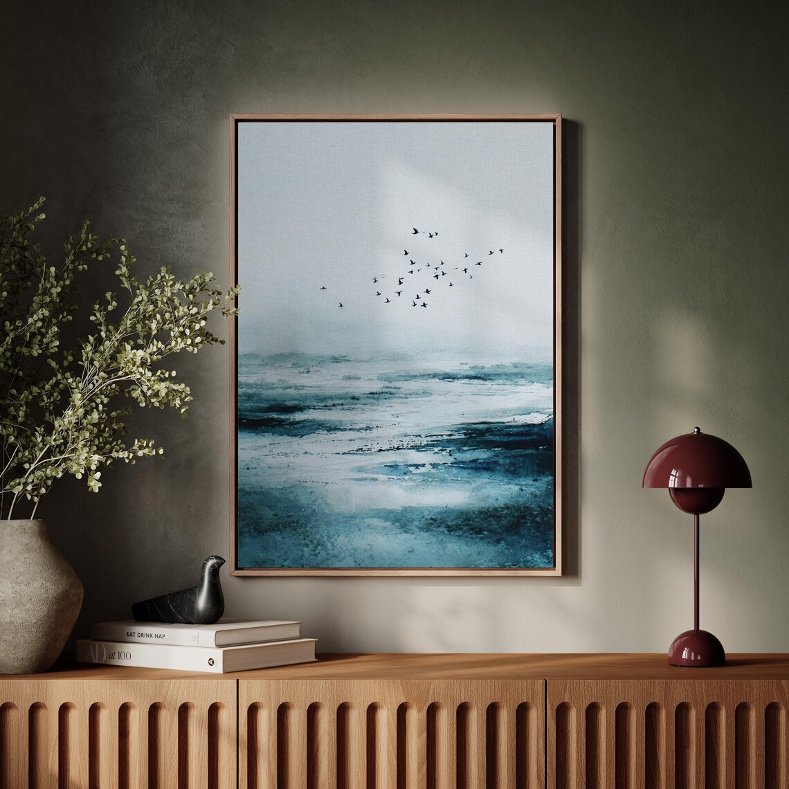 Blue Coastal Watercolor Flying Birds Serene Ocean Art Poster