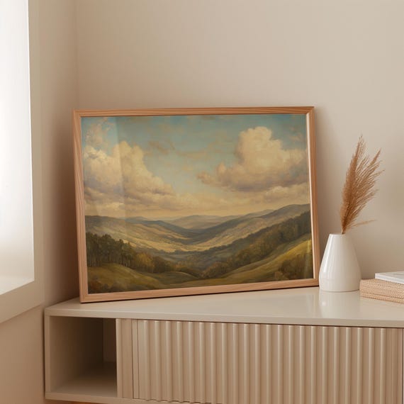 Vintage Oil Painting Rolling Hills Landscape Canvas Soft Golden Valley Sky Wall Art Pastoral Framed Print For Home Decor