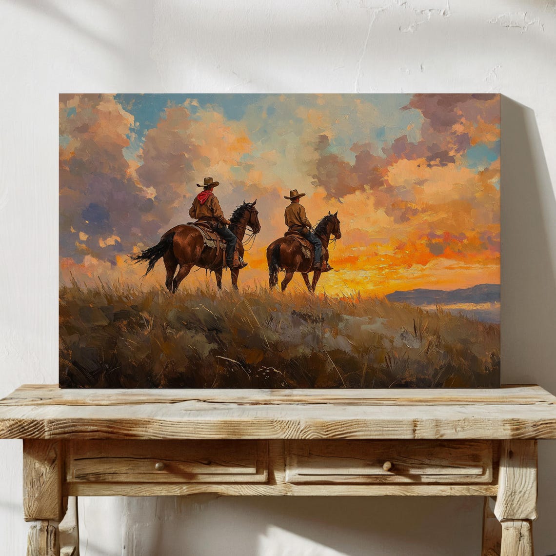 Two Cowboys Riding Away Into Bright Orange Sunset Western Poster - Image 5