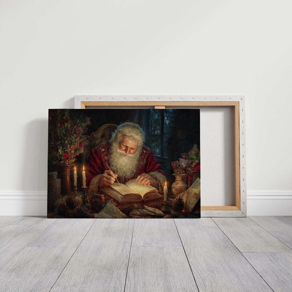 Santa Writing His List, Vintage Christmas Oil Painting - Image 6