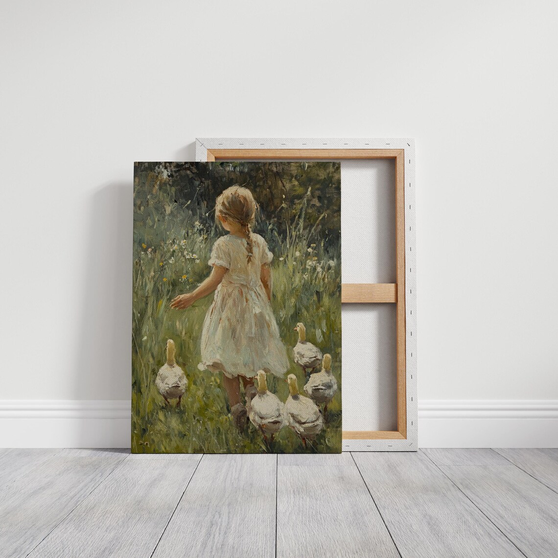 Young Girl With Ducks In Meadow, Vintage Art Print - Image 3