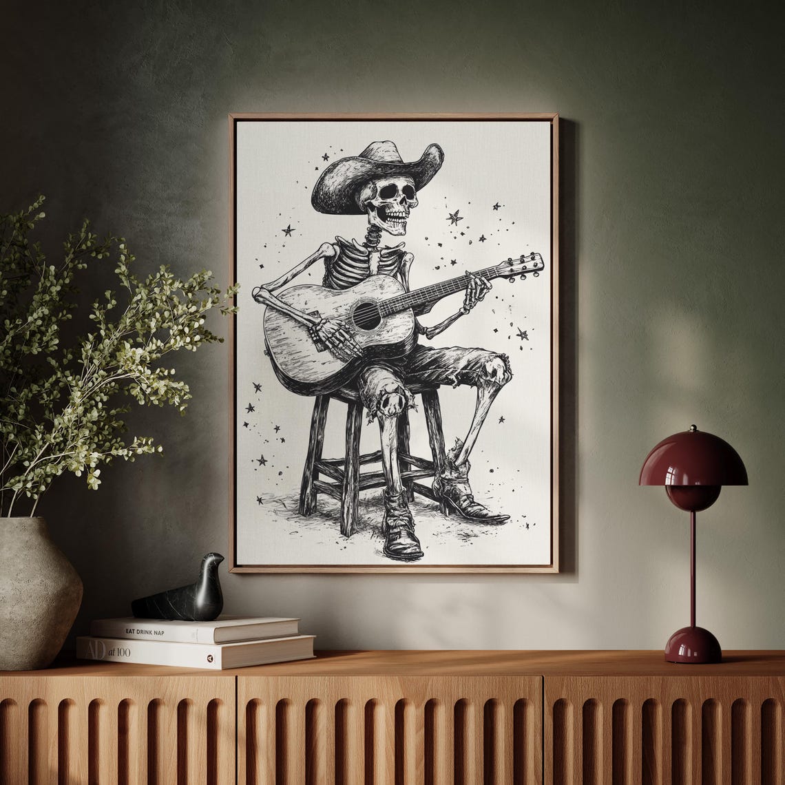 Rustic Cowboy Skeleton Playing Guitar Ink Illustration Wall Art For Western Gothic And Country Music Lovers - Image 5