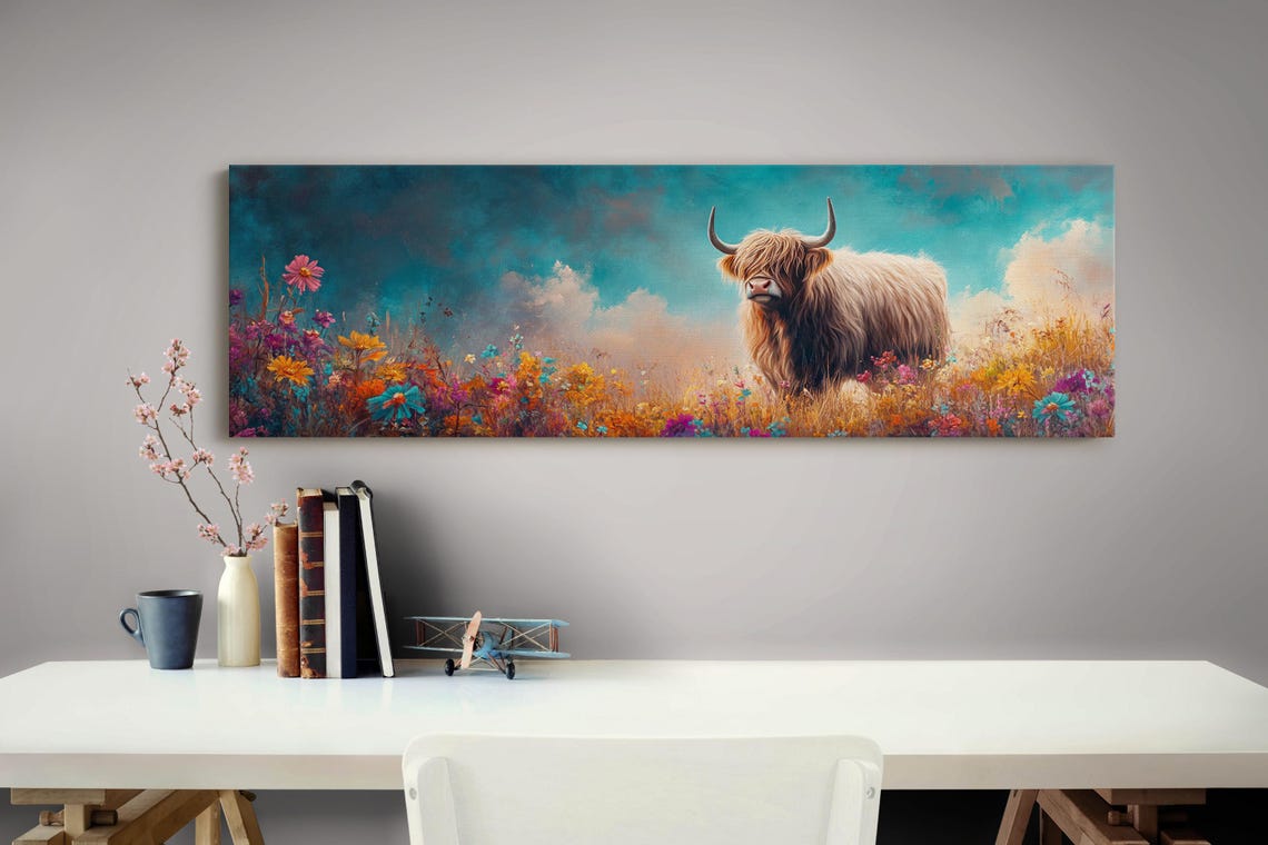 Highland Cow Wildflower Meadow Rustic Landscape Colorful Wall Art - Image 3