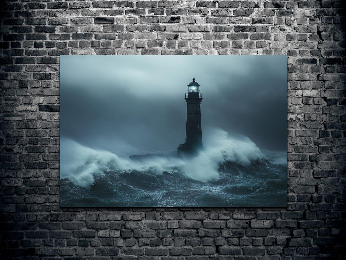Lighthouse Tower Amid Crashing Ocean Waves Stormy Sea Poster - Image 2