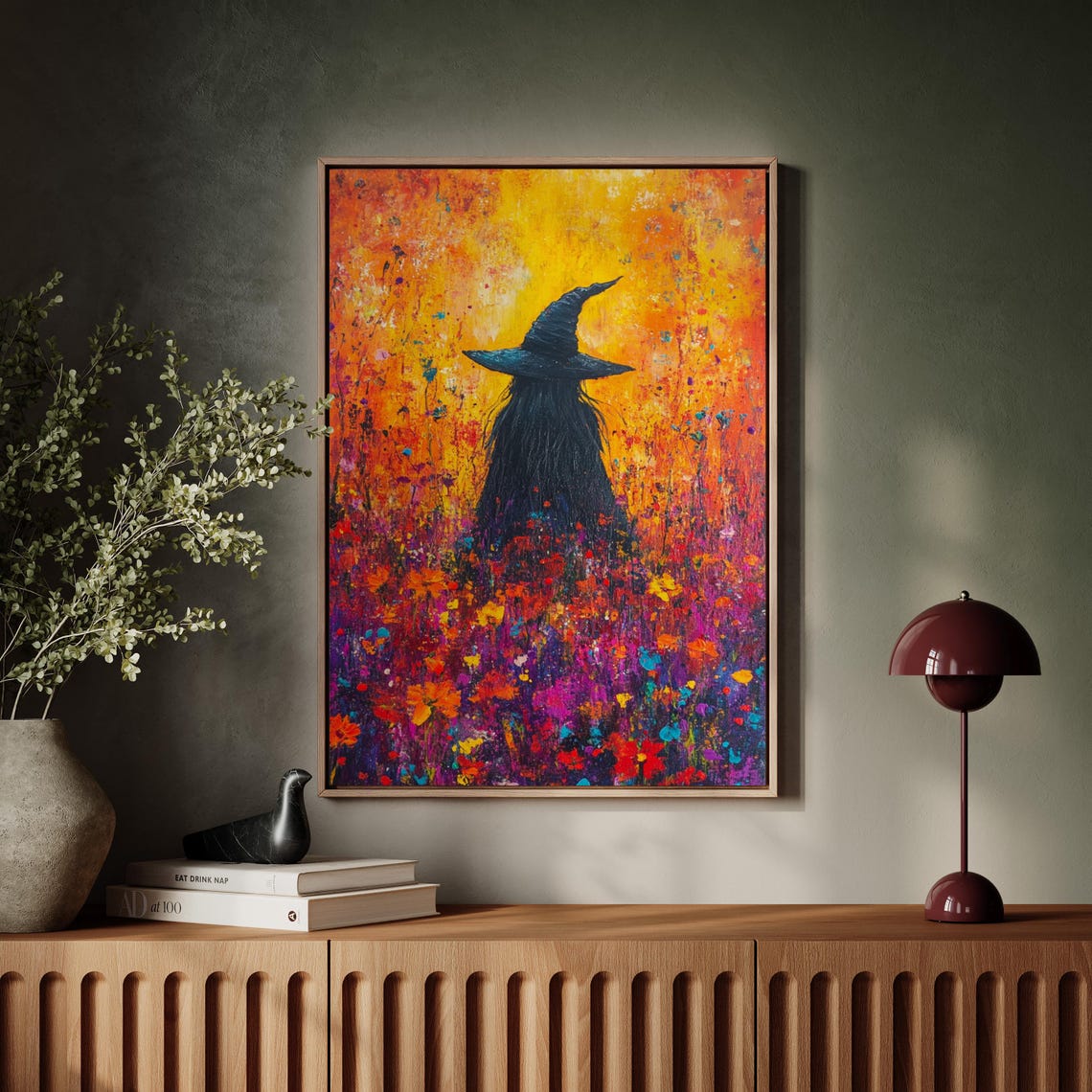 Witch Silhouette Vibrant Floral Field Abstract Halloween Art Poster - Image 7