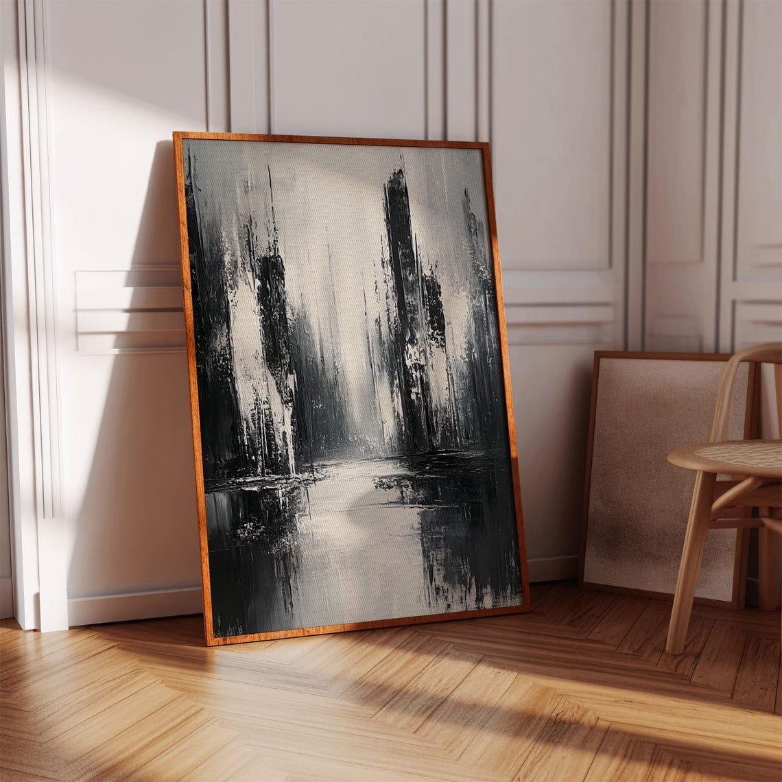 Black White Abstract Cityscape Vertical Brushstroke Art Poster