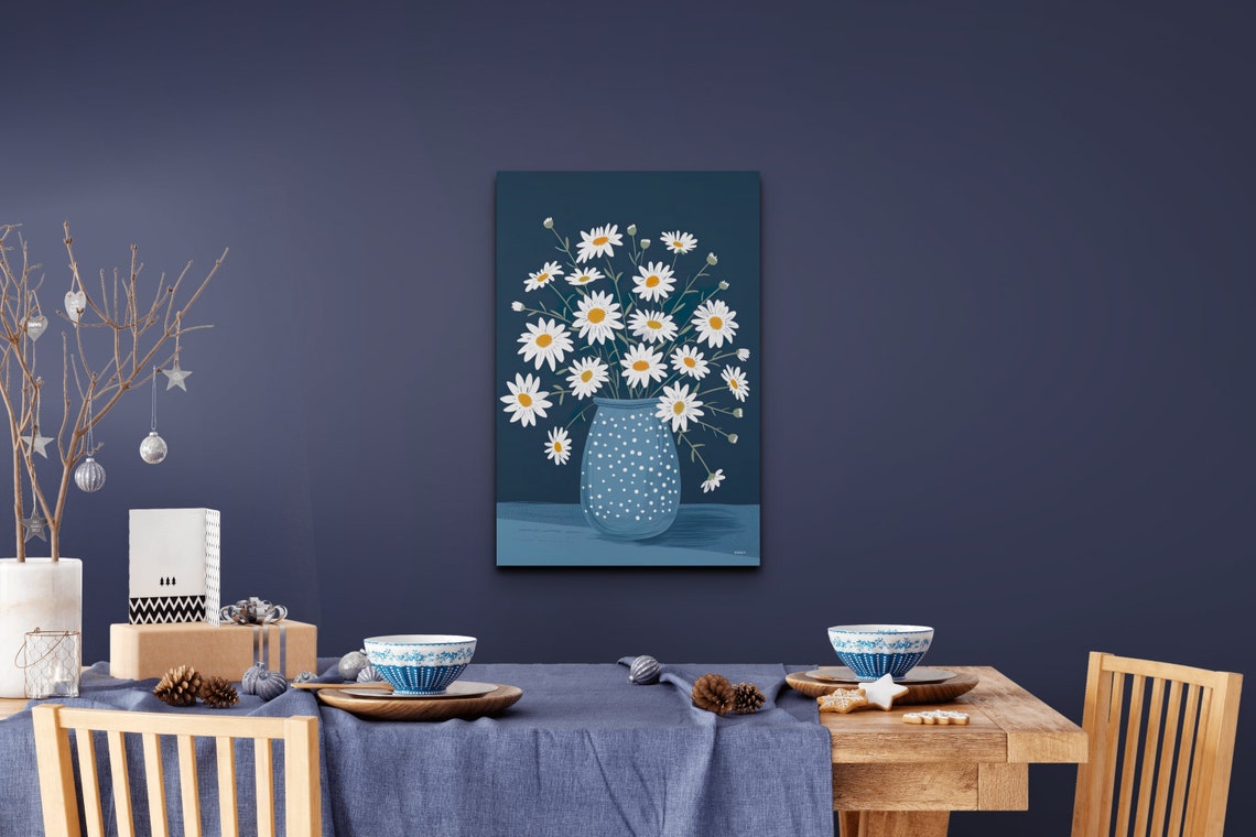 White Daisies In Blue Polka Dot Vase On Navy Background Poster - Image 7