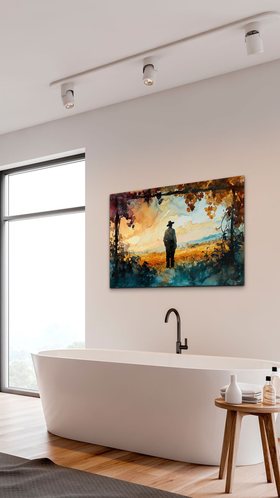 Tuscan Vineyard Sunset Watercolor Lone Figure Landscape Wall Art - Image 5