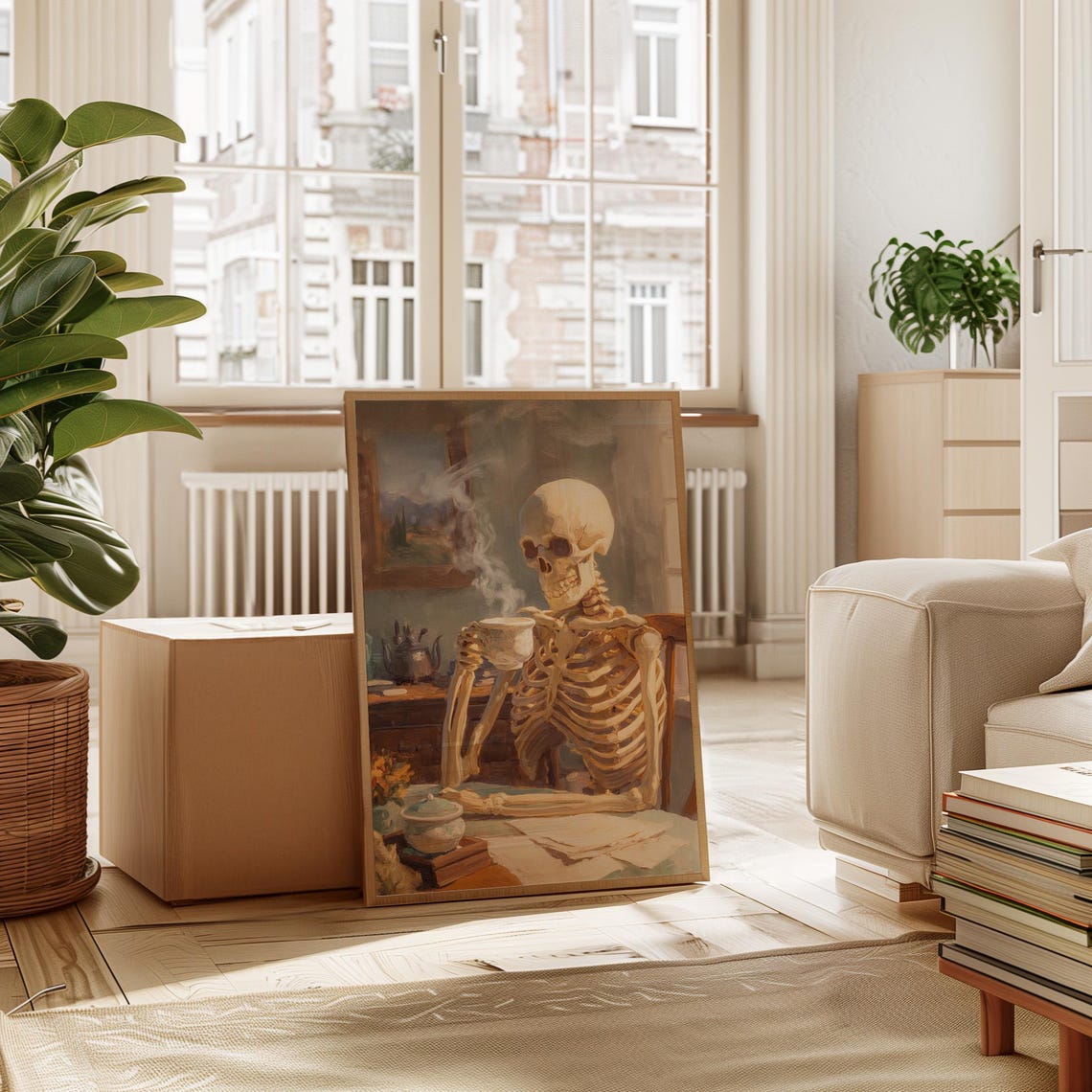 Skeleton Enjoying Afternoon Tea Whimsical Gothic Kitchen Poster