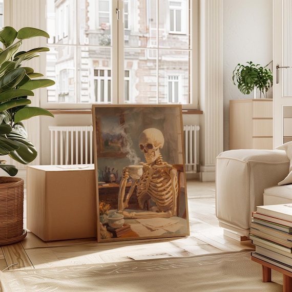 Skeleton Enjoying Afternoon Tea Whimsical Gothic Kitchen Poster