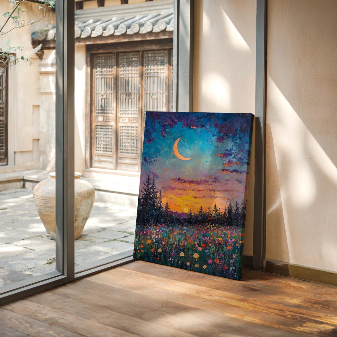 Crescent Moon Over Vibrant Wildflower Meadow Sunset Art Poster - Image 4