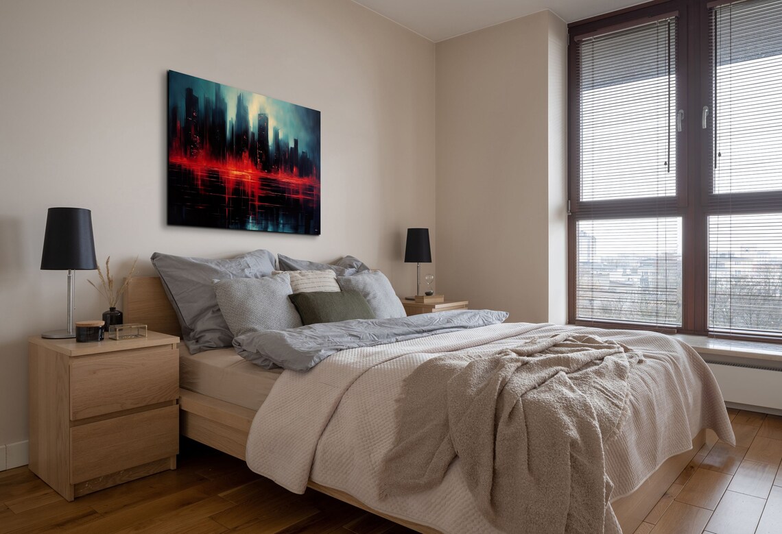Abstract City Skyline At Night In Red And Teal Oil Style Poster - Image 7