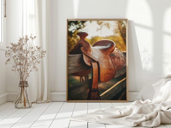 Western Saddle Canvas Print Rustic Cowboy Tack Wall Art Sunlit Leather Detail Farmhouse Country Decor