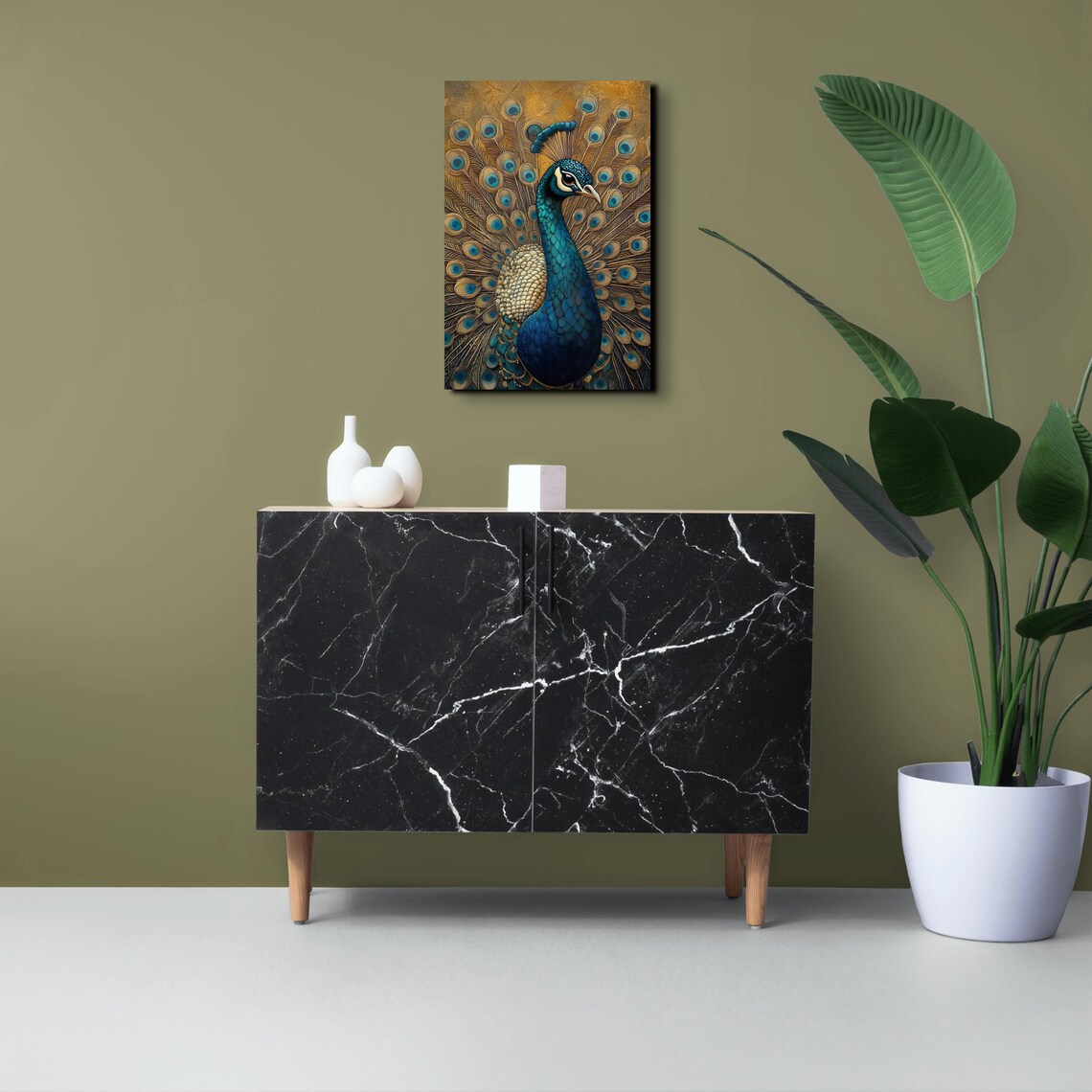 Peacock Profile Golden Background Ornate Bird Portrait Art Poster - Image 6